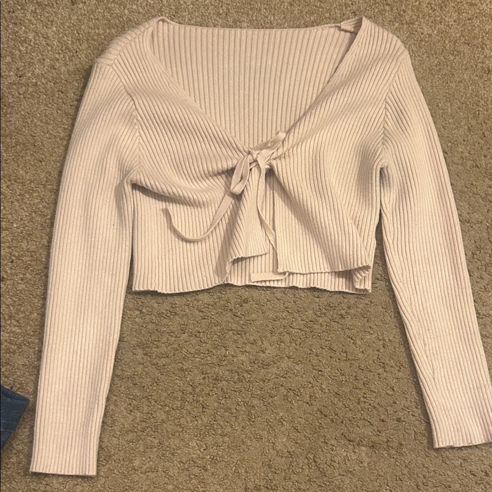Women's Ribbed Tie-Front Top - Cream
